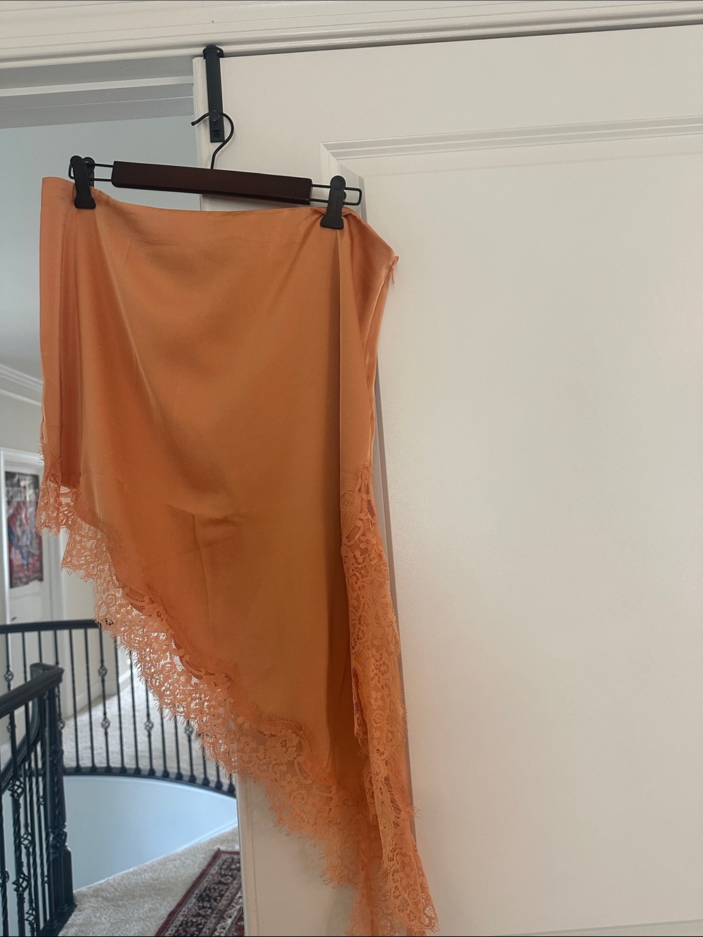 PrettyLittleThing Orange Asymmetric Lace-Hem Midi Skirt